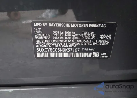 2022 BMW X6 M50I from USA, damaged, VIN 5UXCY8C05N9K57107